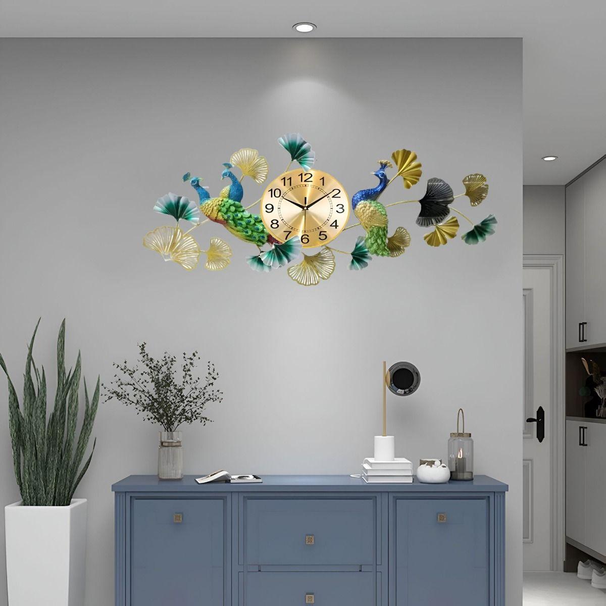Reloj Pared Pavo Real Elegante Decorativo Metal Jhn-7
