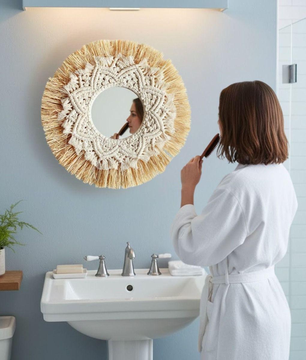 Espejo Decorativo Estilo Bohemio Tejido Adorno Pared Jhn-2