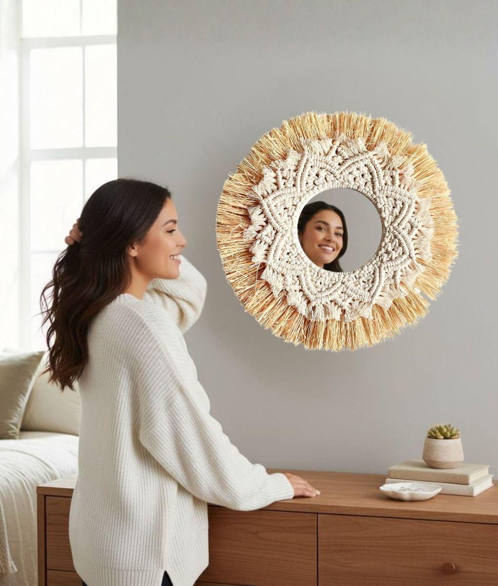 Espejo Decorativo Estilo Bohemio Tejido Adorno Pared Jhn-3