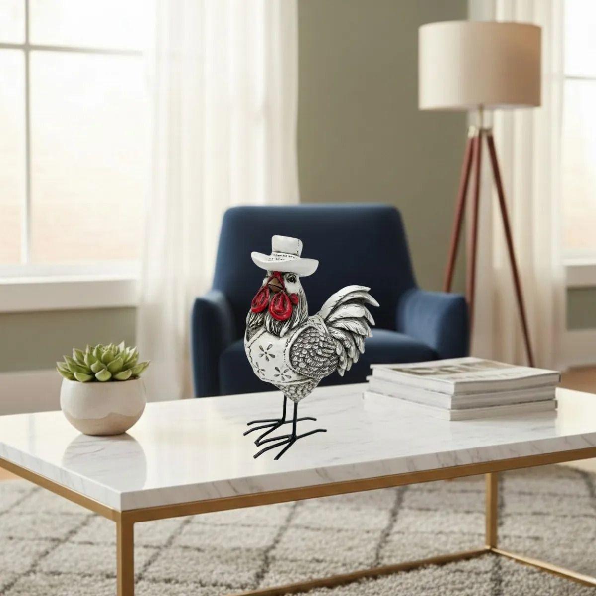 Figura Decorativa Escultura Gallo Chaleco Sombrero ALJ-4