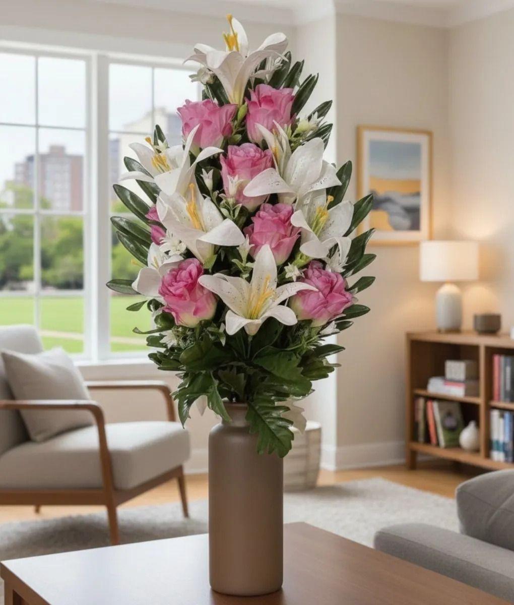 Ramo Floral Decorativo Artificial Lirios Rosas Adorno Jhn-6