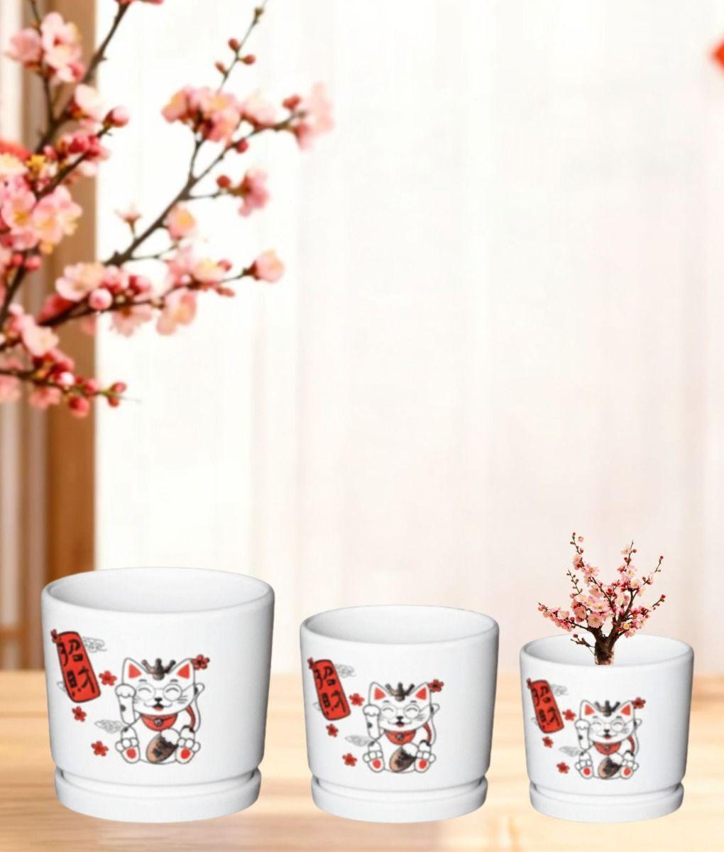 Set 3 Macetero Decorativo Diseño Gato Suerte Armonía Jhn-7