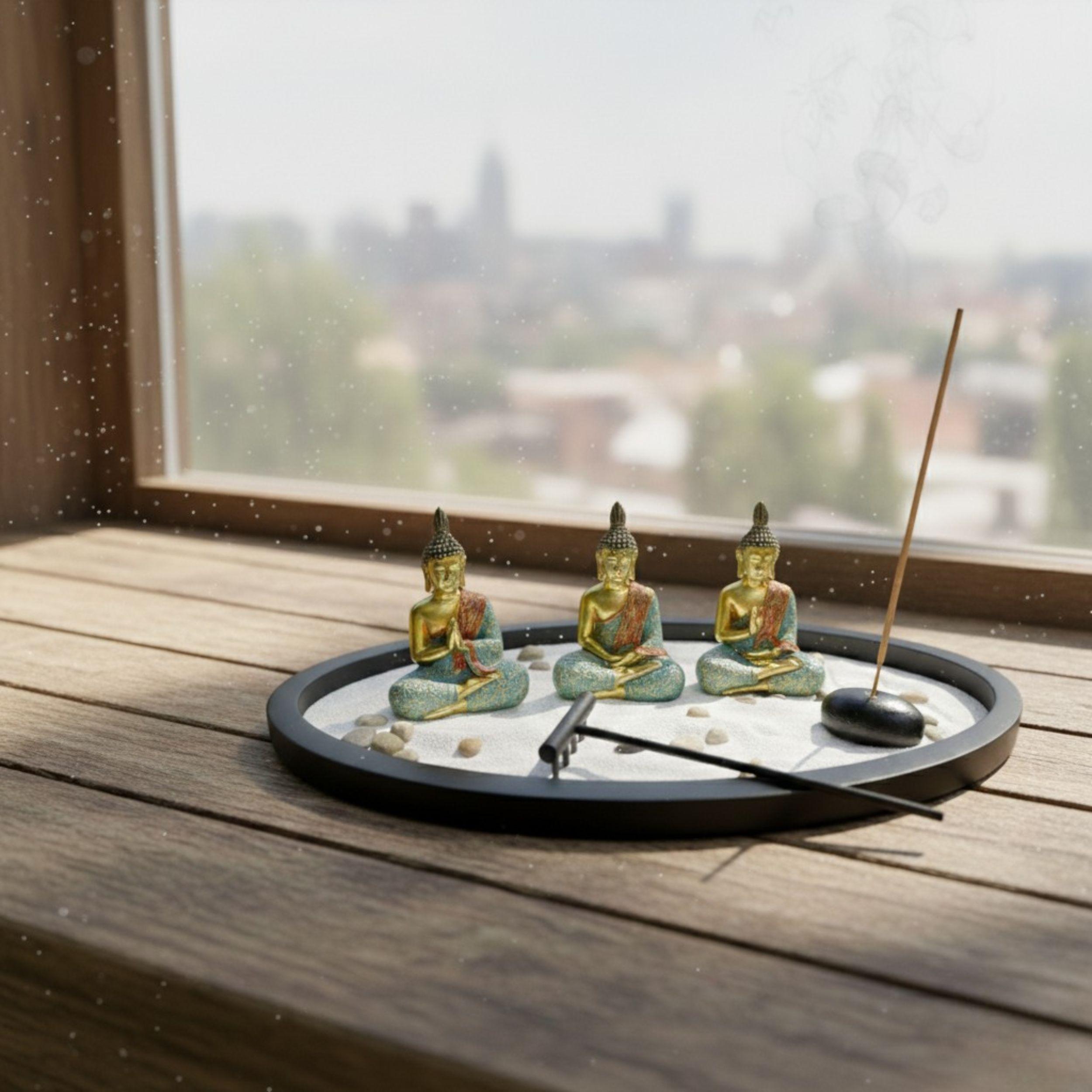Jardin Zen Decorativo 3 Budas Rastrillo Incienso Piedras ALJ-5