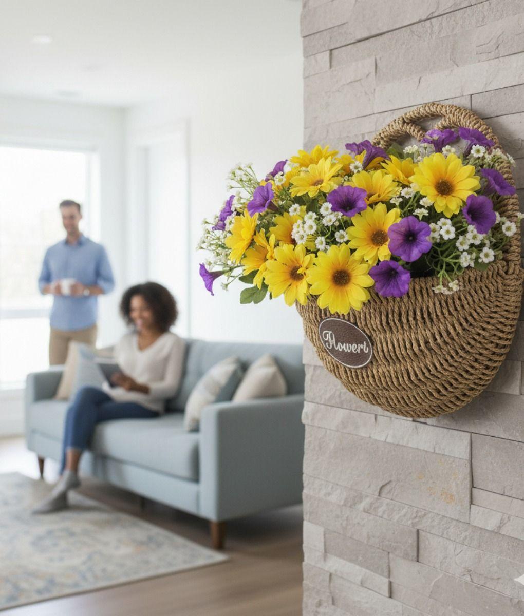 Florero Decorativo Cesta Tejida Colgante Rústico Pared Jhn-3