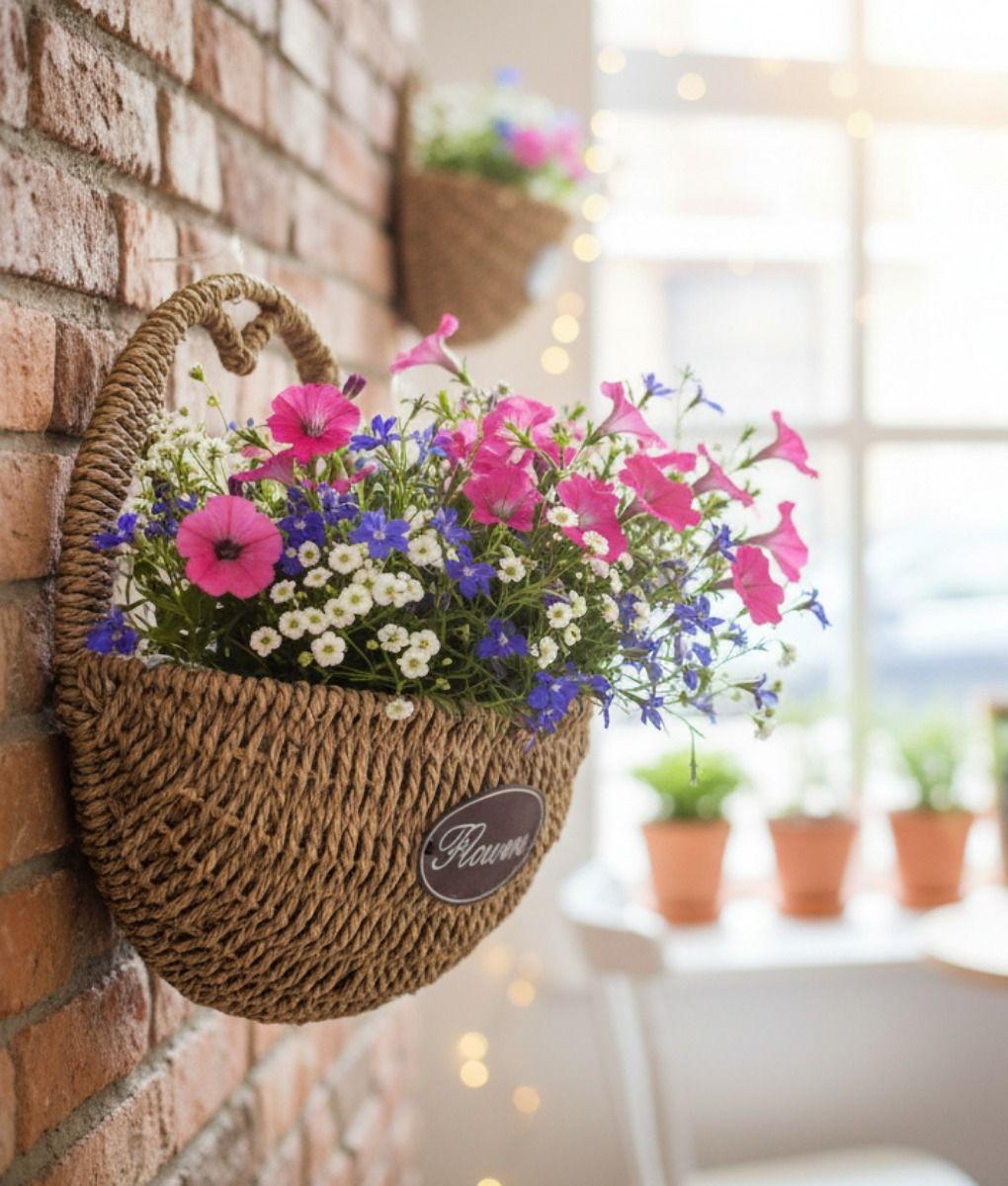 Florero Decorativo Cesta Tejida Colgante Rústico Pared Jhn-7