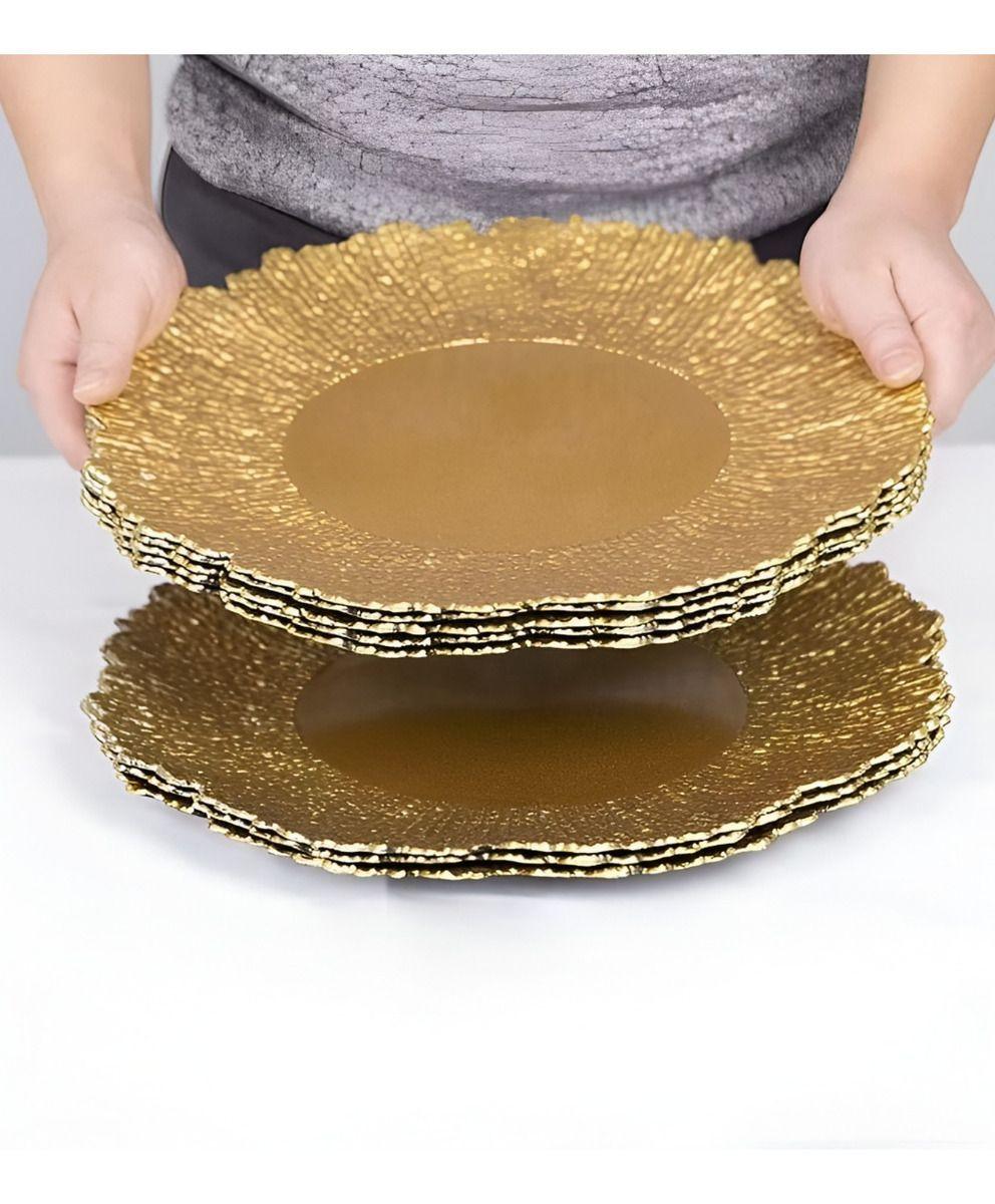 Set 3 Plato Base Redondo Dorado Brillante Decorativo Jhn-7