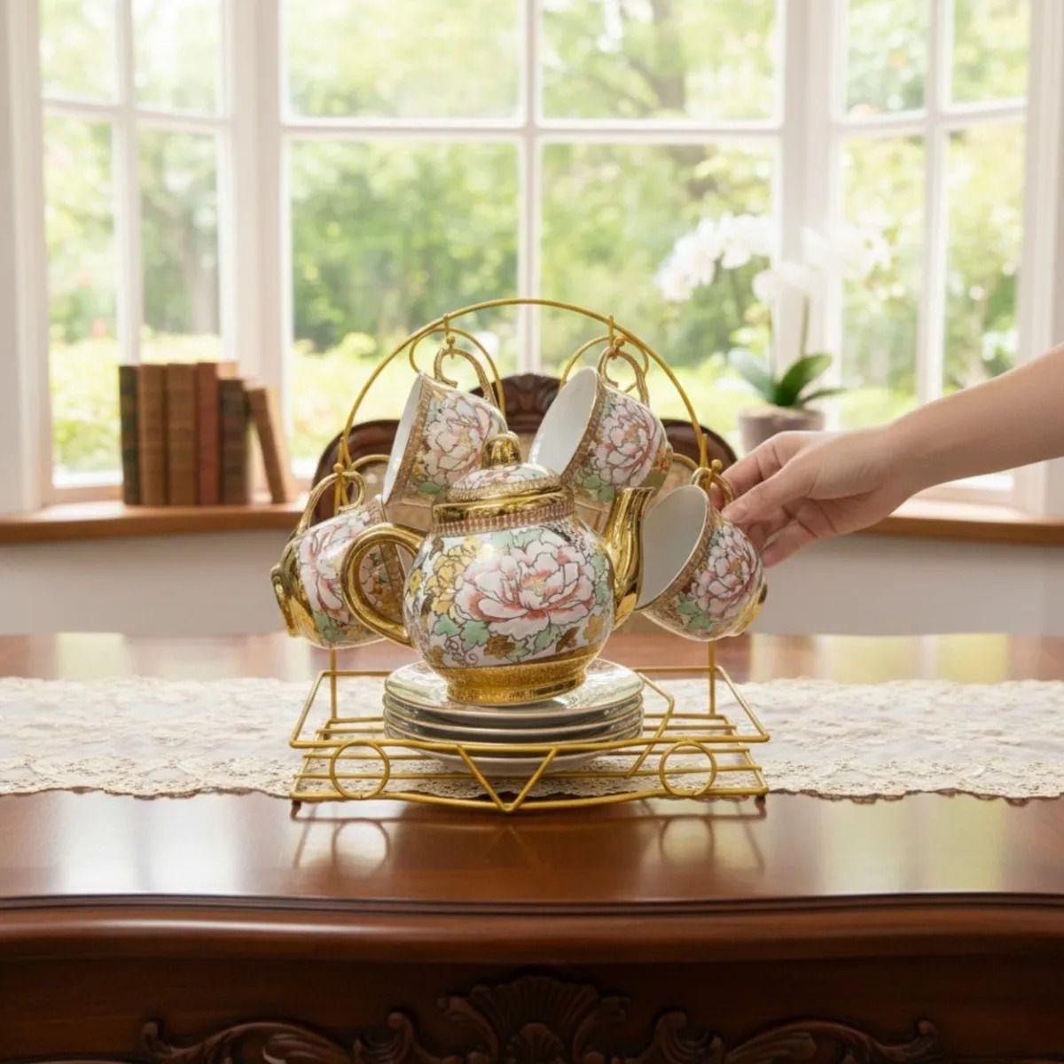 Juego Té Diseño Floral Tetera Soporte Organizador Hogar Jhn-5