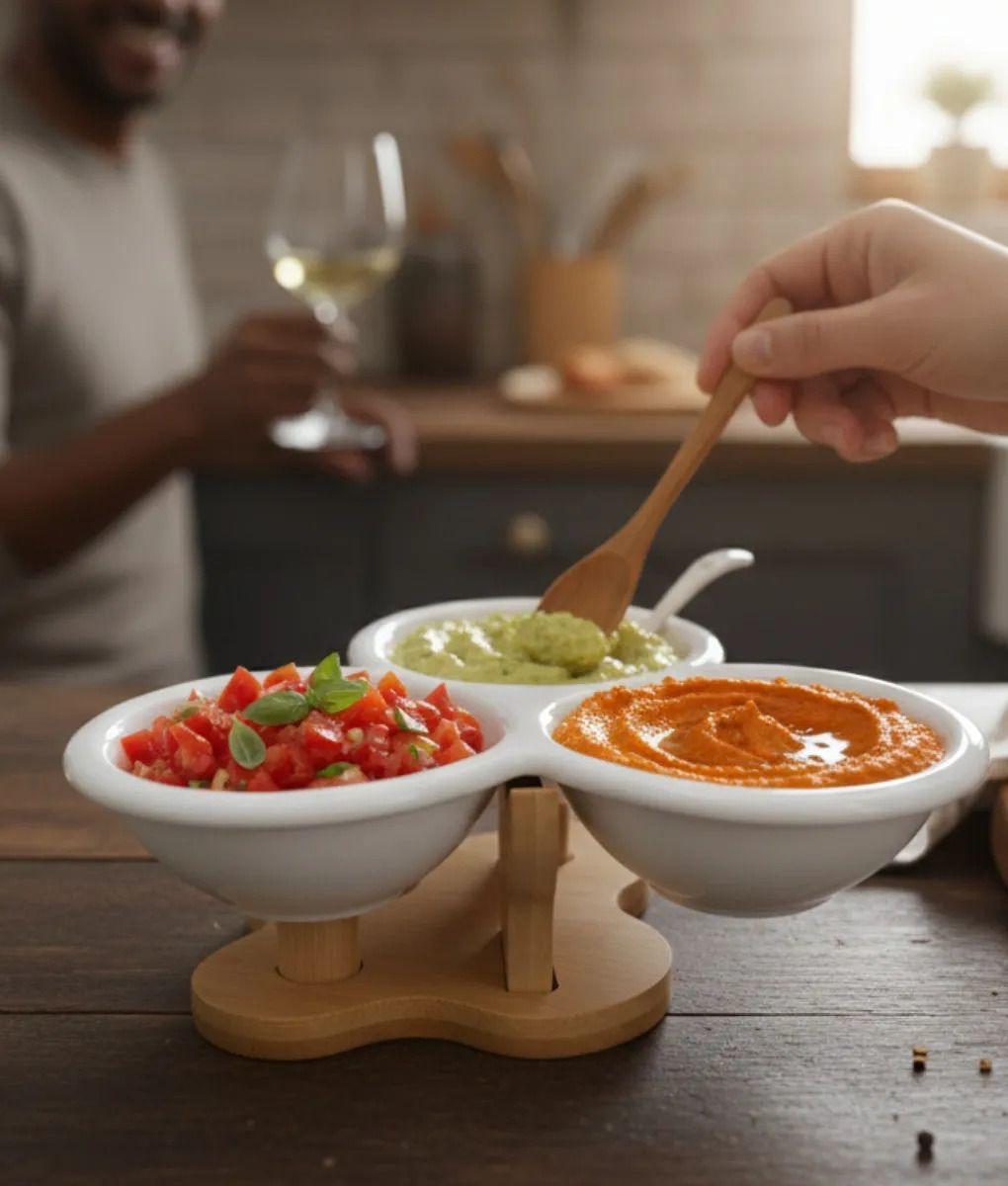 Salsero Decorativo Minimalista Triple Envase Base Bambú Jhn-4