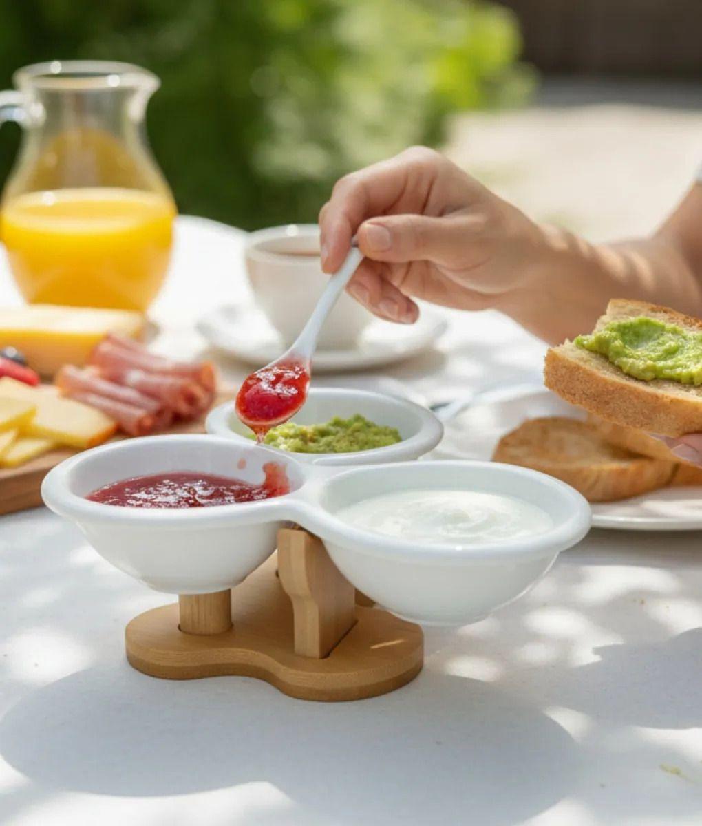 Salsero Decorativo Minimalista Triple Envase Base Bambú Jhn-5