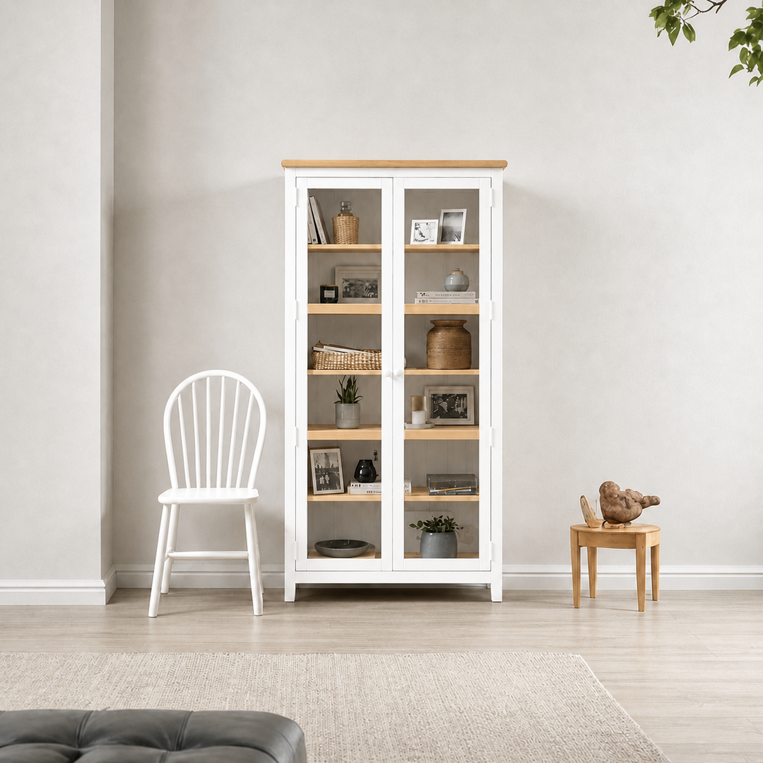 Vitrinero Alto de Madera 2 Puertas Vitrina de Pino con Vidrio - Blanco - 80x35x180 cm-0