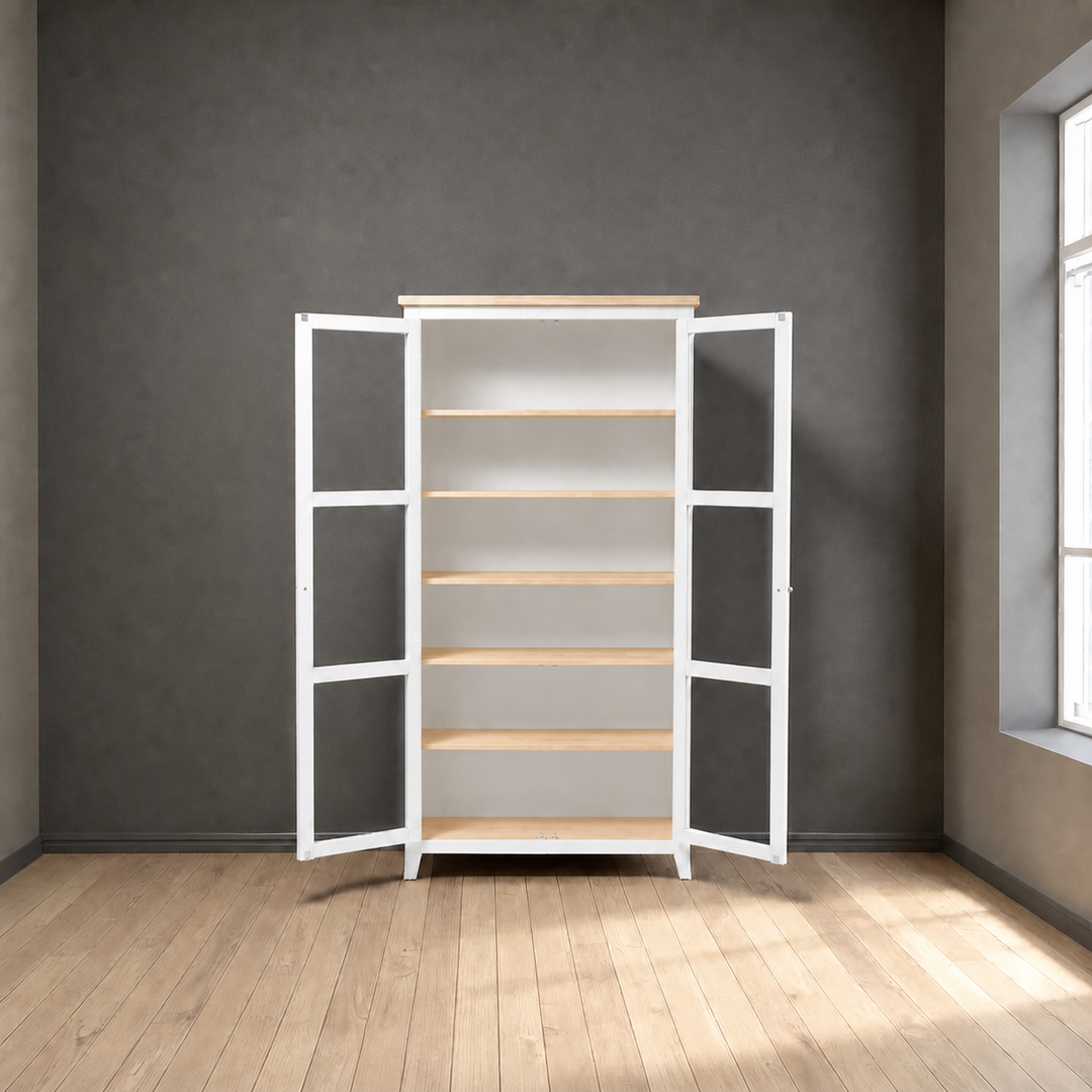 Vitrinero Alto de Madera 2 Puertas Vitrina de Pino con Vidrio - Blanco - 80x35x180 cm-1