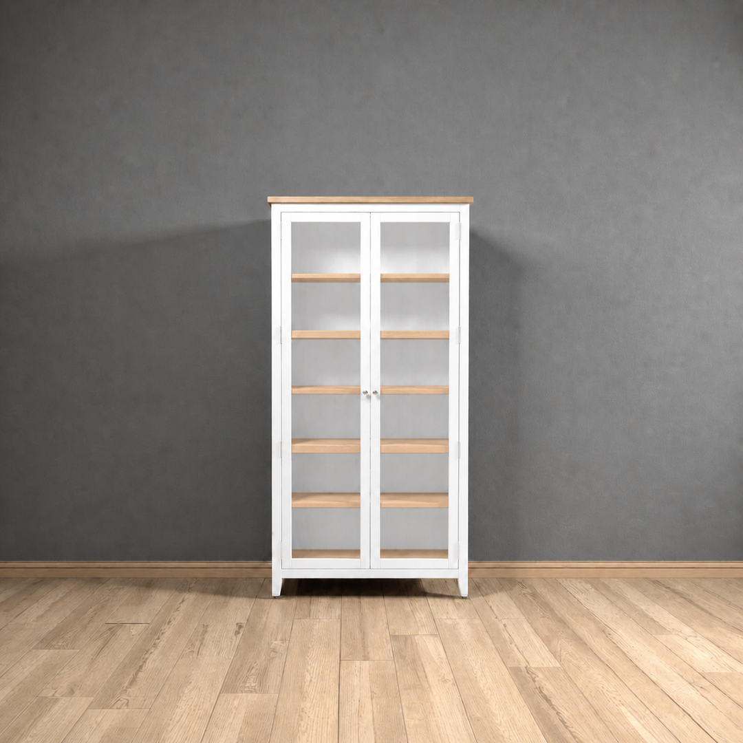 Vitrinero Alto de Madera 2 Puertas Vitrina de Pino con Vidrio - Blanco - 80x35x180 cm-2