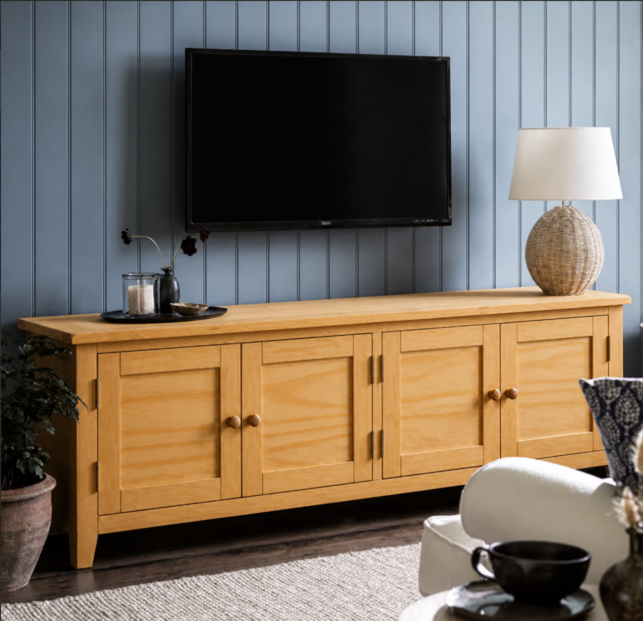 Mueble de TV Minimalista Rack de Madera con 4 Puertas - Natural - 150x40x65 cm-0