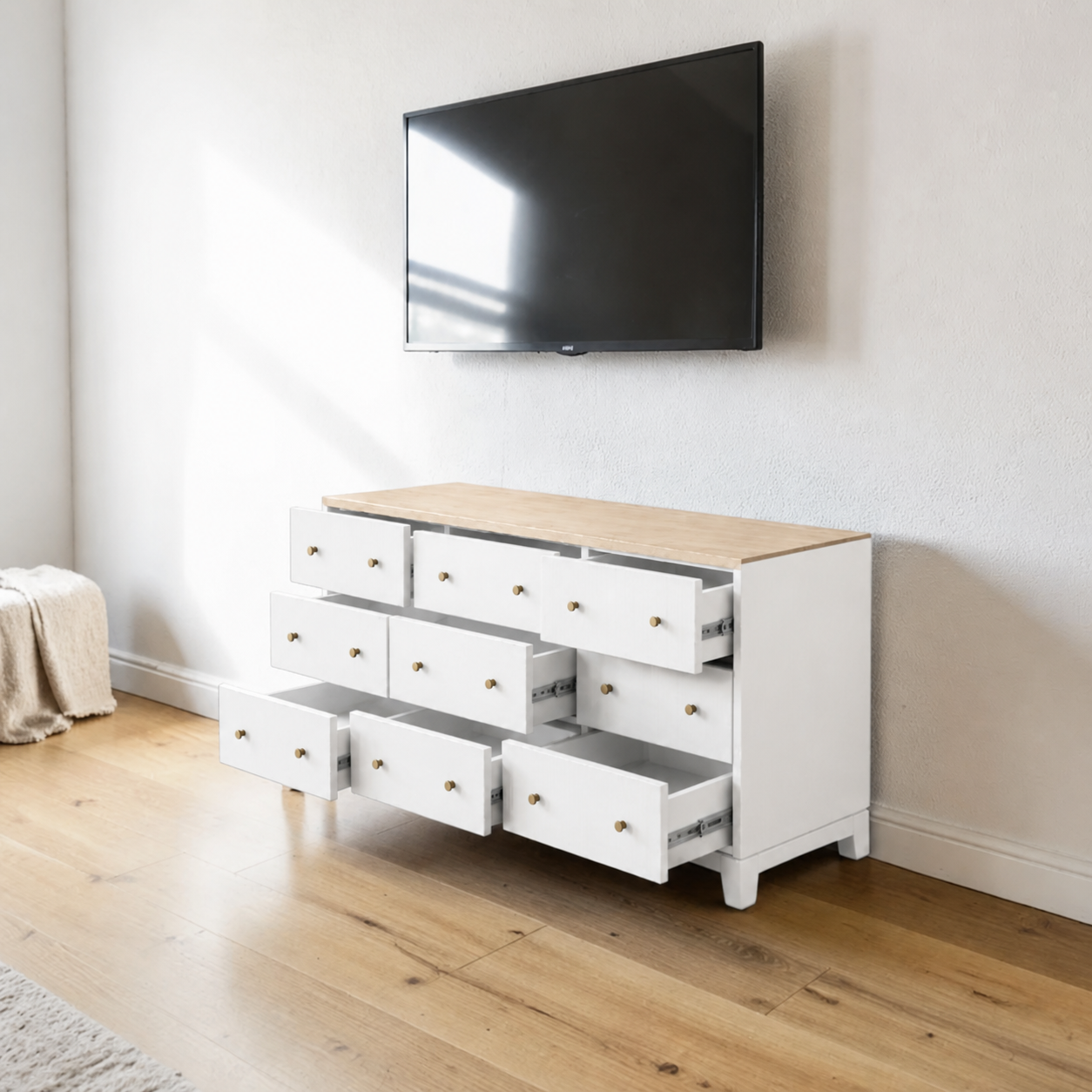 Cómoda Premium de Palillaje Mueble de Dormitorio - Blanco - 180x40x90 cm-2