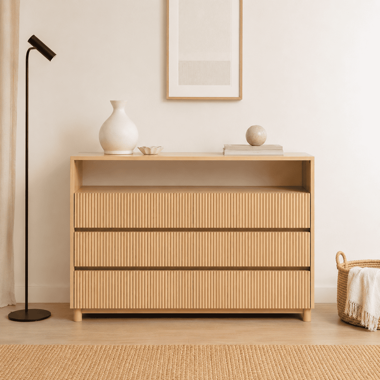 Cómoda "Pitao" 3 Cajones con Nicho Mueble de Madera - Beige - 120x40x90 cm-0
