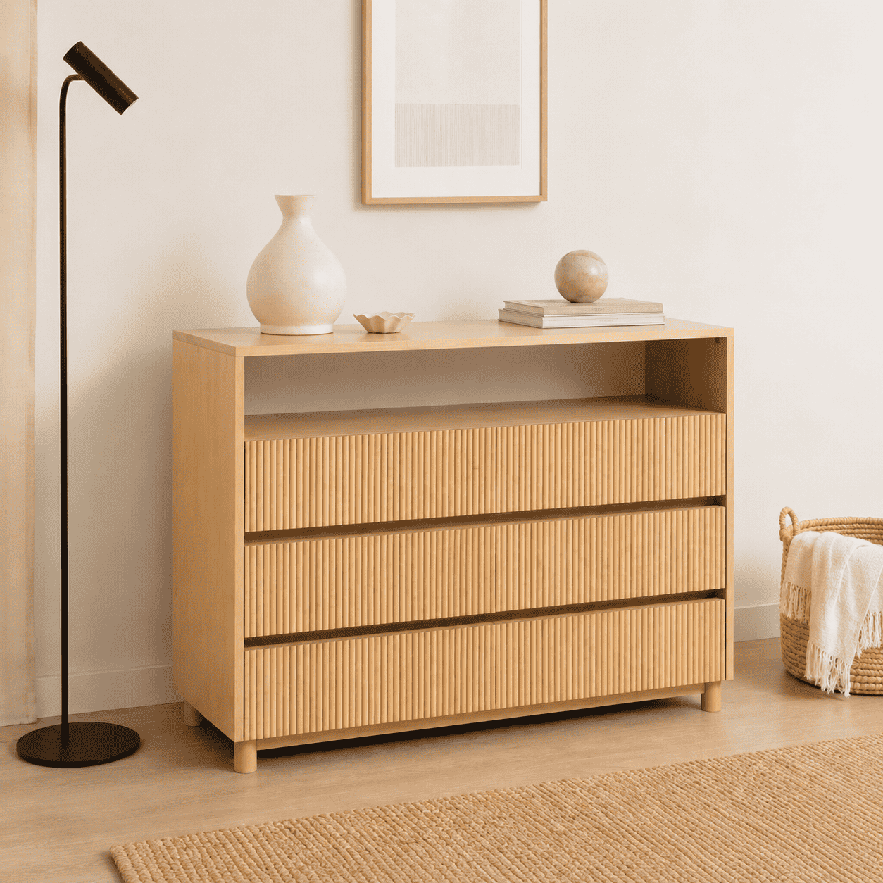 Cómoda "Pitao" 3 Cajones con Nicho Mueble de Madera - Beige - 120x40x90 cm-1