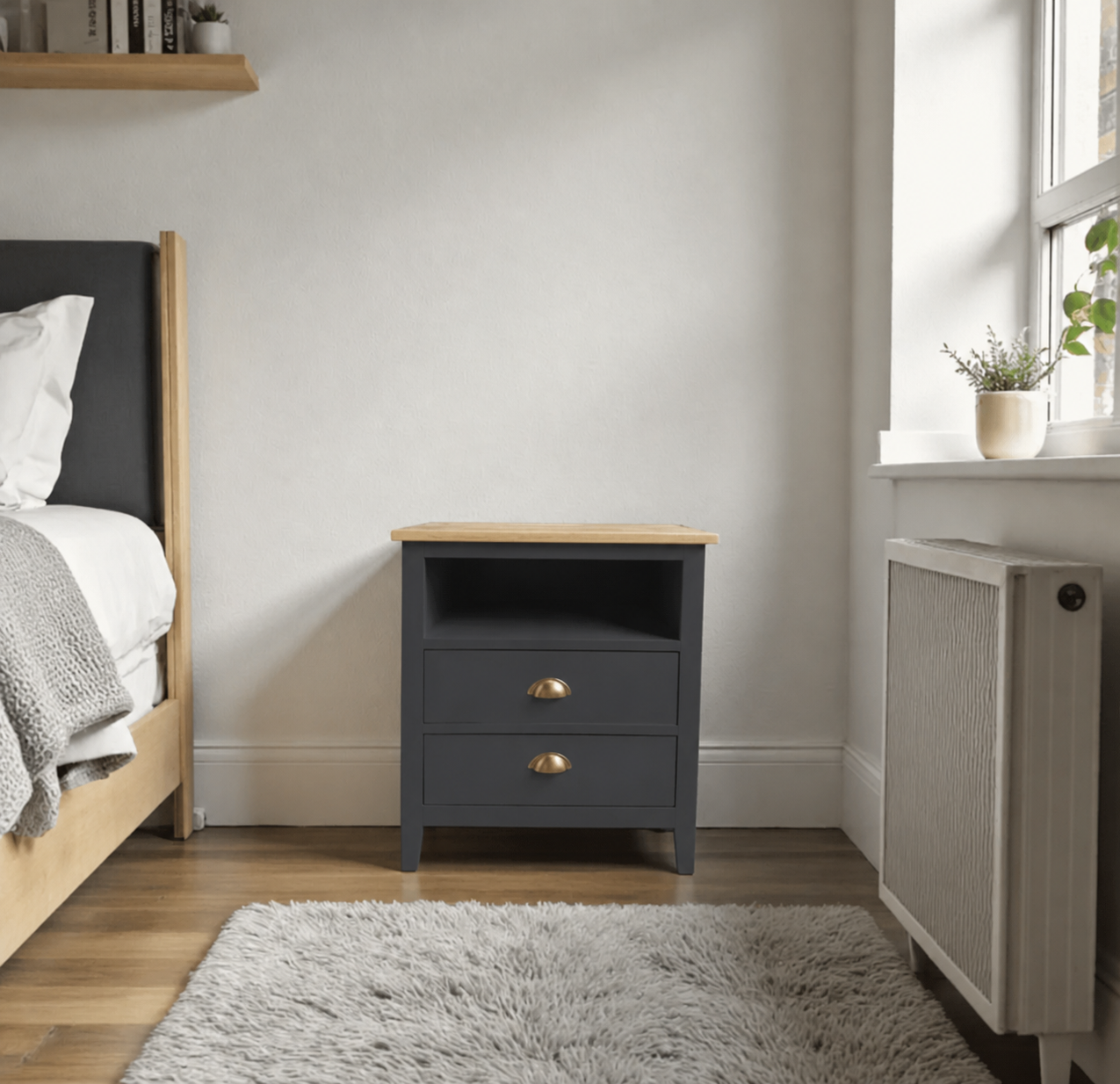 Velador "Nordik Scandi" 2 Cajones + Nicho Mesa de Noche - Gris Grafito - 50x40x70 cm-0