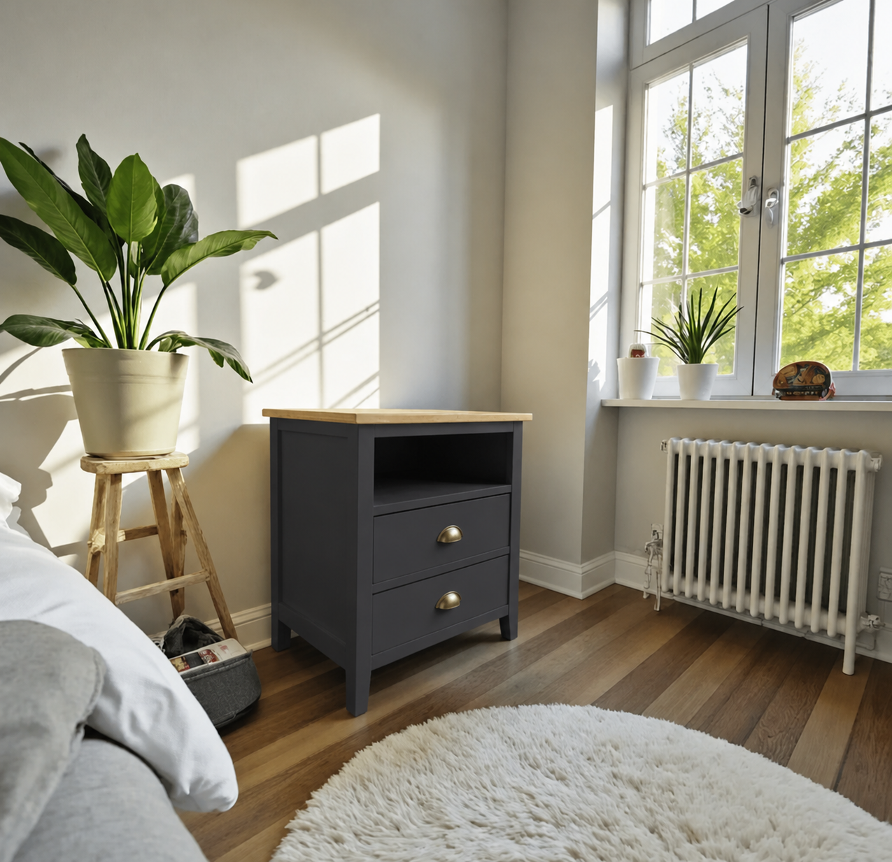 Velador "Nordik Scandi" 2 Cajones + Nicho Mesa de Noche - Gris Grafito - 50x40x70 cm-1