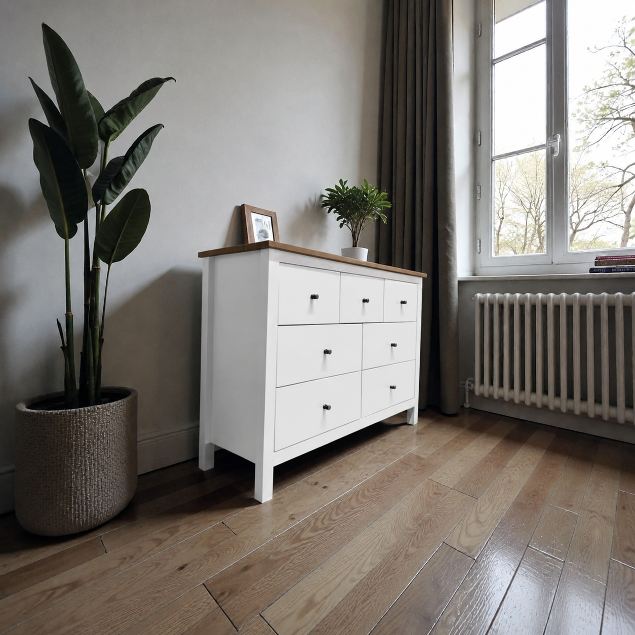 Cómoda "Canelo" 7 Cajones Estilo Farmhouse Chic en Madera - Blanco - 120x40x80 cm-1