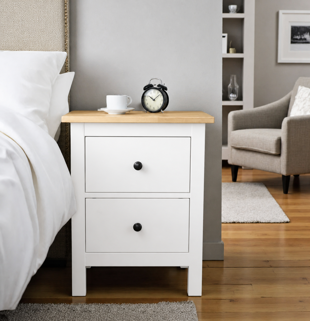 Velador Nordik 2 Cajones + Nicho Mesa de Noche Ancha de Madera - Blanco - 50x40x70 cm-0
