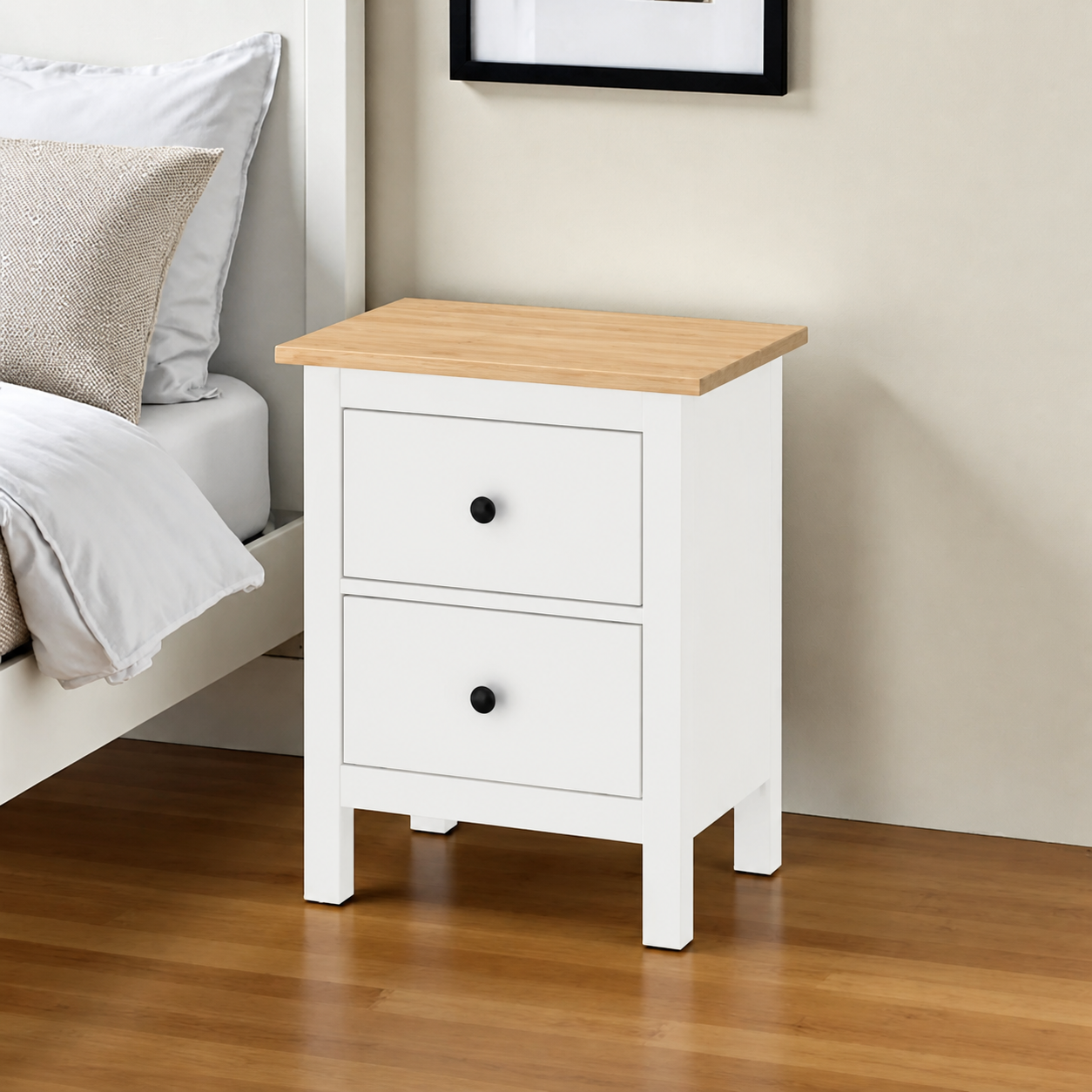 Velador Nordik 2 Cajones + Nicho Mesa de Noche Ancha de Madera - Blanco - 50x40x70 cm-1