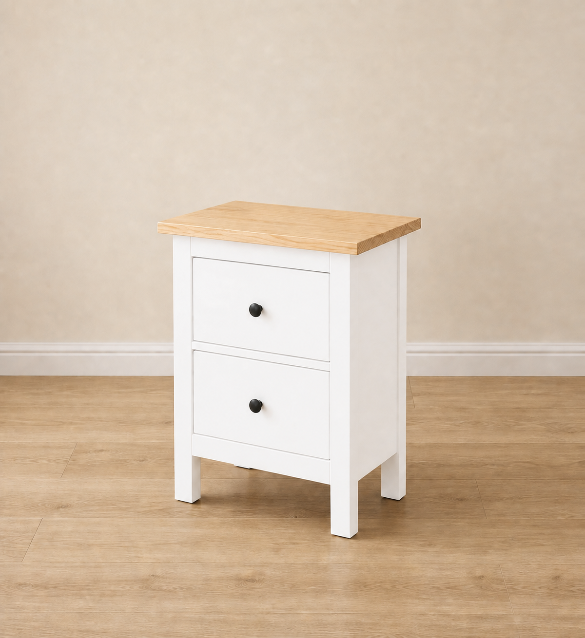 Velador Nordik 2 Cajones + Nicho Mesa de Noche Ancha de Madera - Blanco - 50x40x70 cm-2