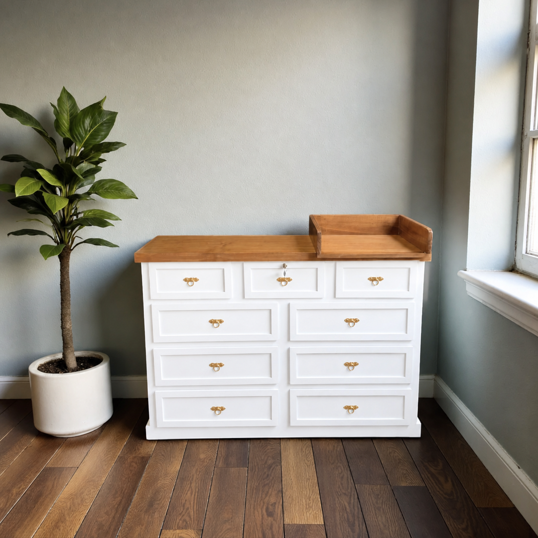 Cómoda Mudador de Madera 9 Cajones Mueble Cambiador Ergonómico - Blanco - 120x40x90 cm-0