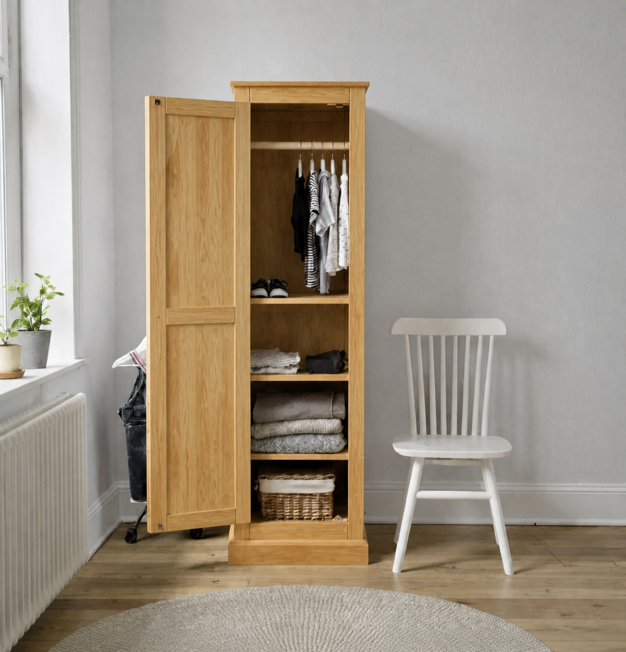 Ropero de Madera 1 Puerta Armario Compacto con Barra - Natural - 60x50x180 cm-0