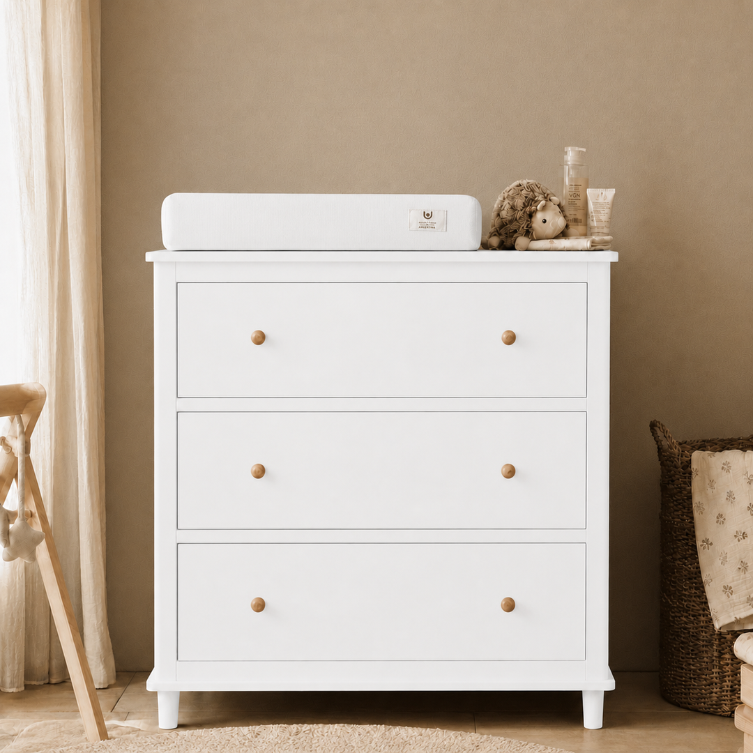Cómoda Mudador "Tricahue" 3 Cajones Mueble de Lenga Natural - Blanco - 100x40x90 cm-2
