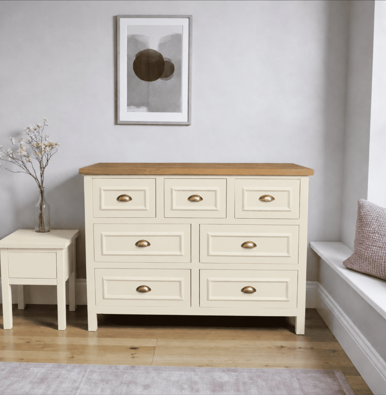 Cómoda 7 Cajones Mueble de Madera Nativa para Dormitorio - Beige - 120x40x90 cm-0