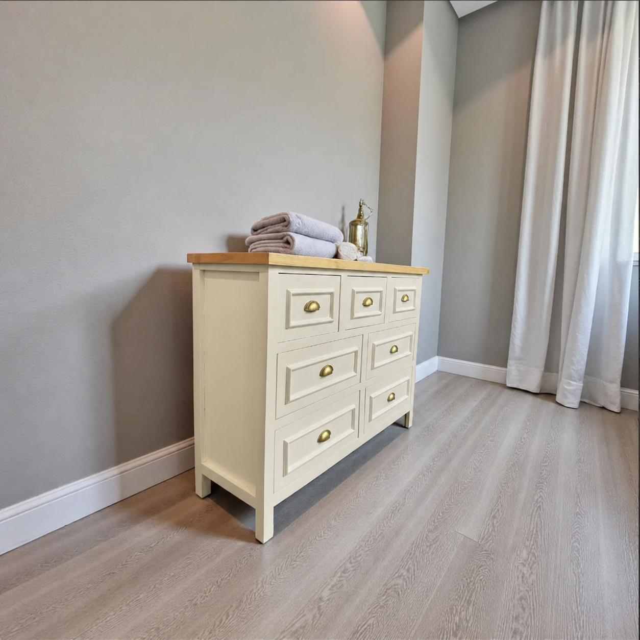 Cómoda 7 Cajones Mueble de Madera Nativa para Dormitorio - Beige - 120x40x90 cm-1