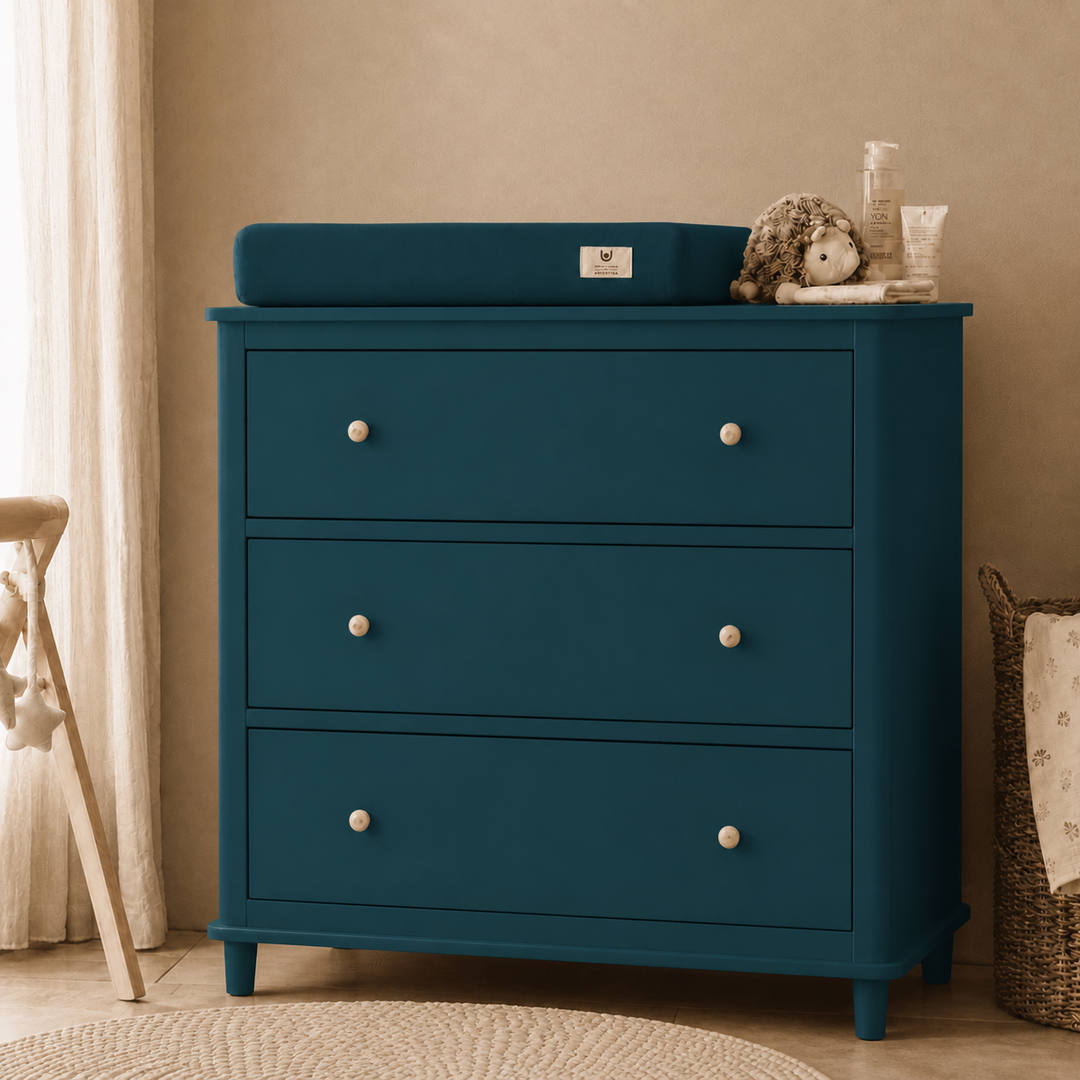 Cómoda Mudador "Tricahue" 3 Cajones Mueble de Lenga Natural - Azúl Marino - 100x40x90 cm-2