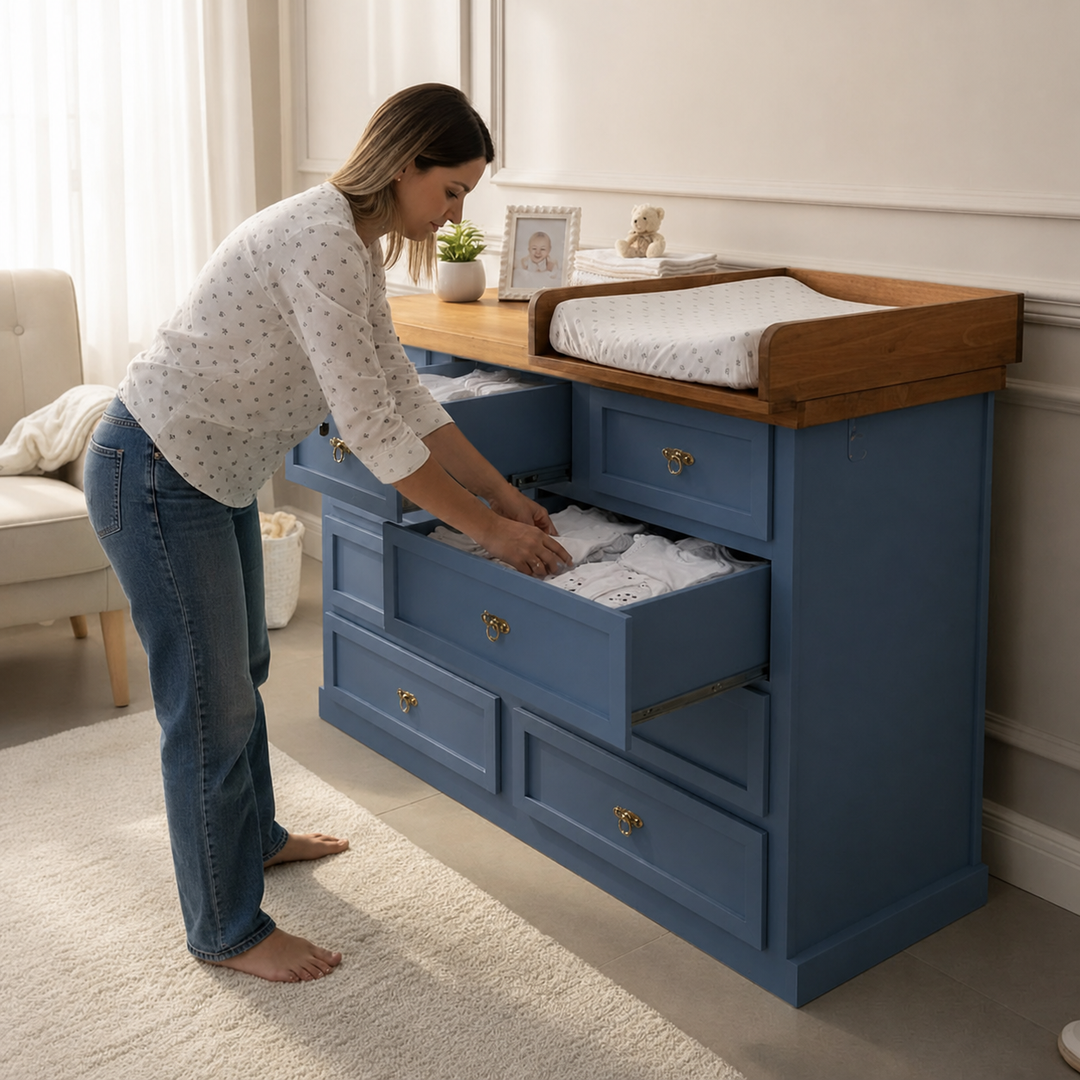 Cómoda Mudador de Madera 9 Cajones Mueble Cambiador Ergonómico - Azúl Marino - 120x40x90 cm-1