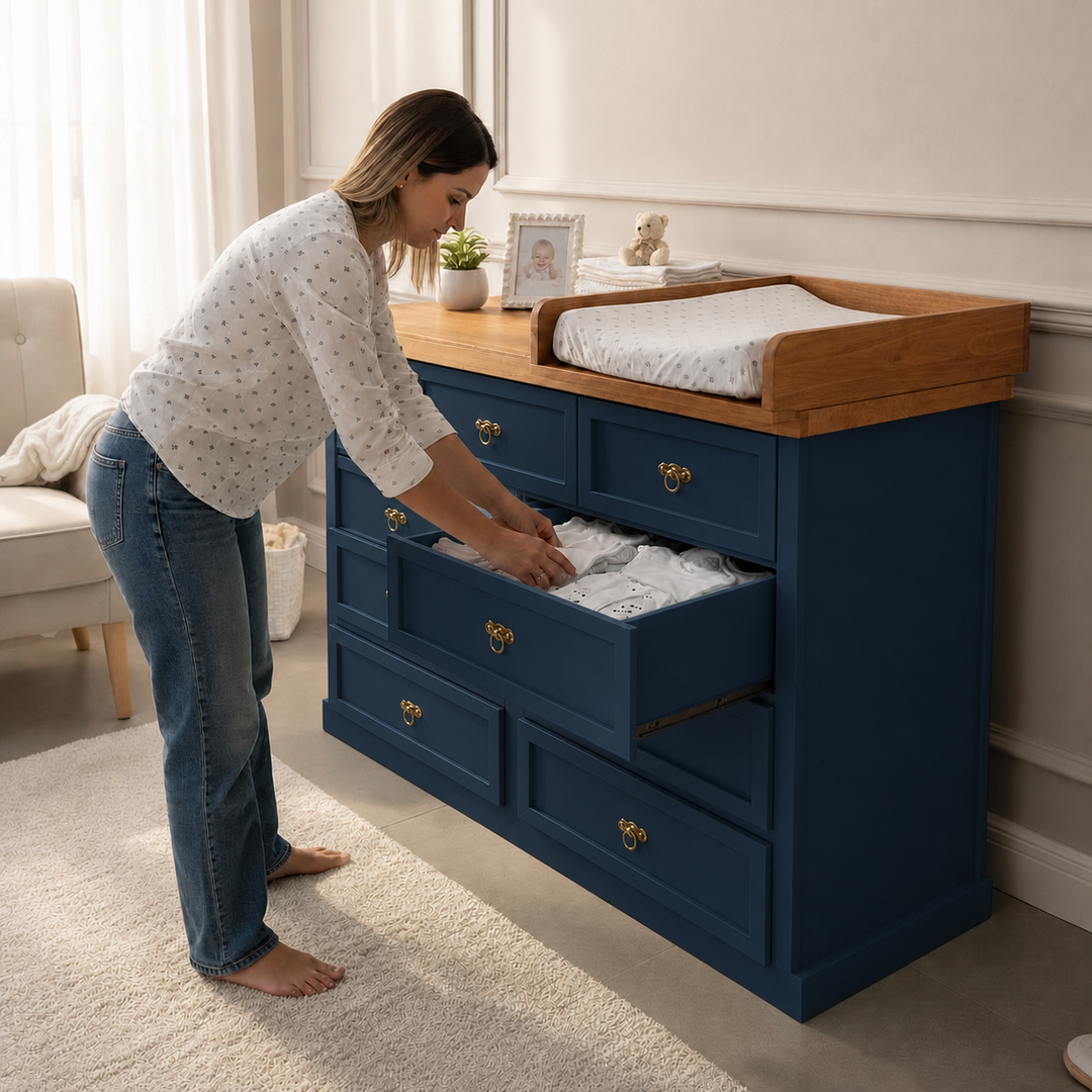 Cómoda Mudador de Madera 9 Cajones Mueble Cambiador Ergonómico - Azúl Marino - 120x40x90 cm-3