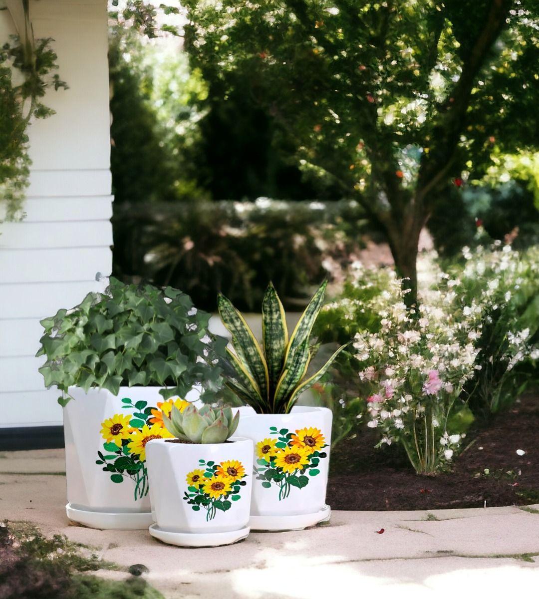 Set 3 Macetas Girasol Cerámica Plantas Jardín Decoración Jhn-4