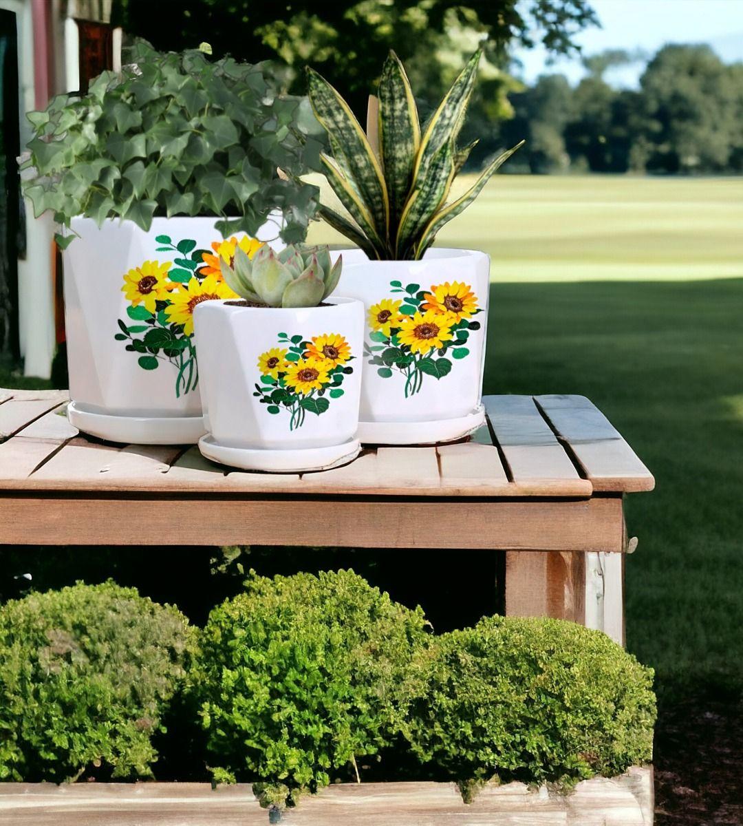 Set 3 Macetas Girasol Cerámica Plantas Jardín Decoración Jhn-5