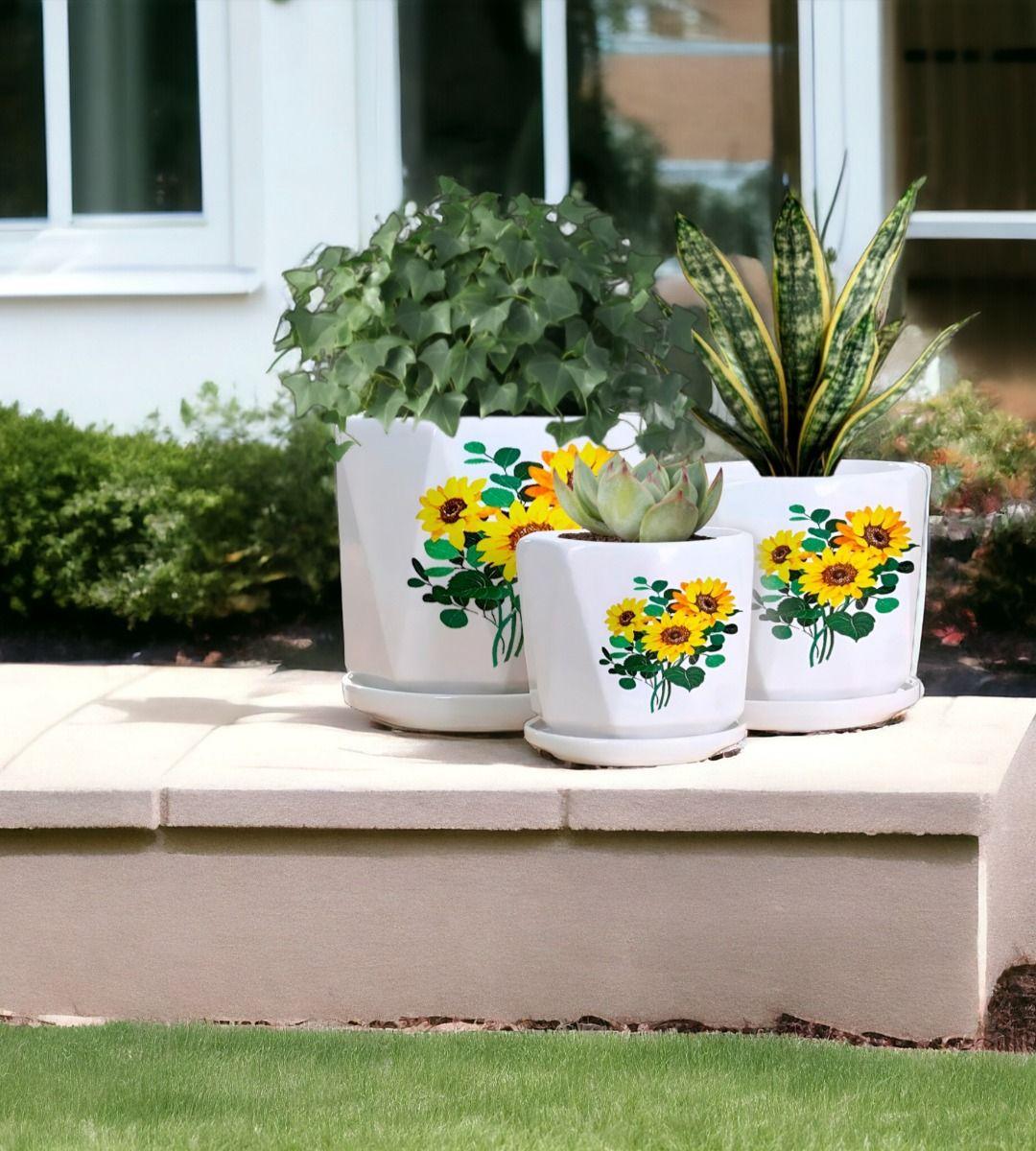 Set 3 Macetas Girasol Cerámica Plantas Jardín Decoración Jhn-7