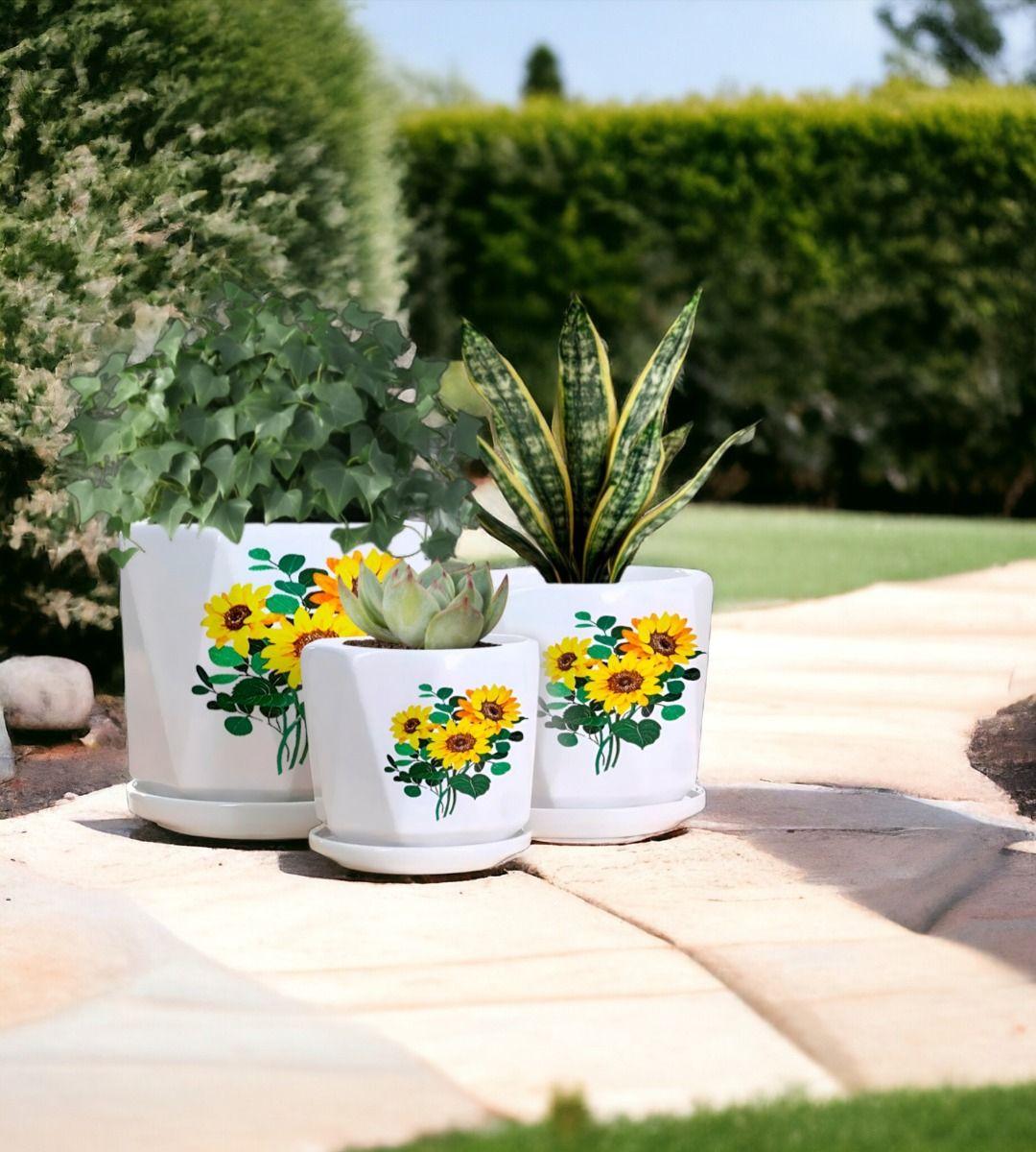 Set 3 Macetas Girasol Cerámica Plantas Jardín Decoración Jhn-8
