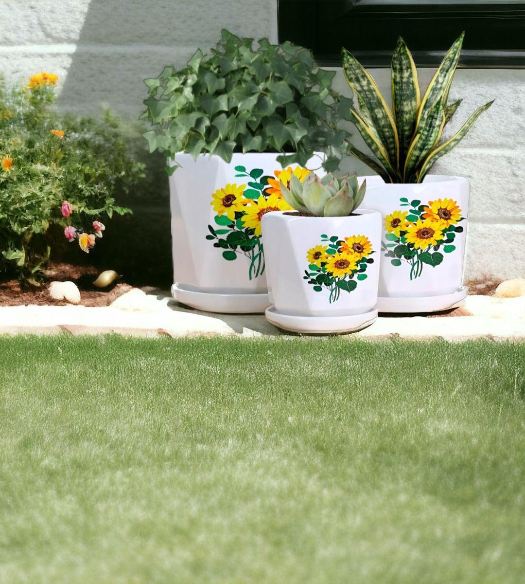 Set 3 Macetas Girasol Cerámica Plantas Jardín Decoración Jhn-9