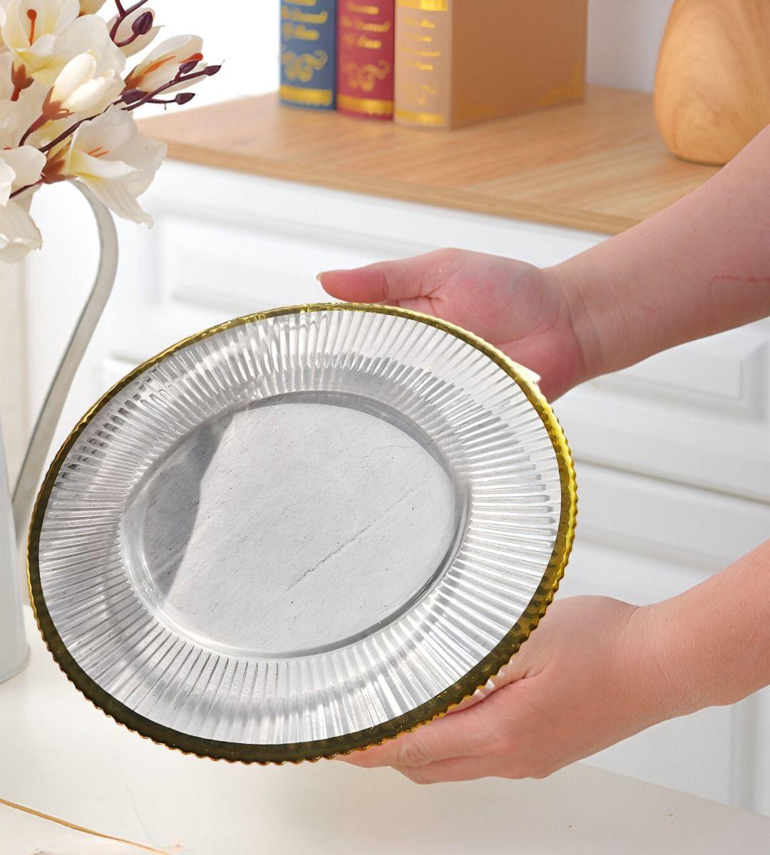 Set 3 Plato Transparente Borde Dorado Decoración Jhn-3