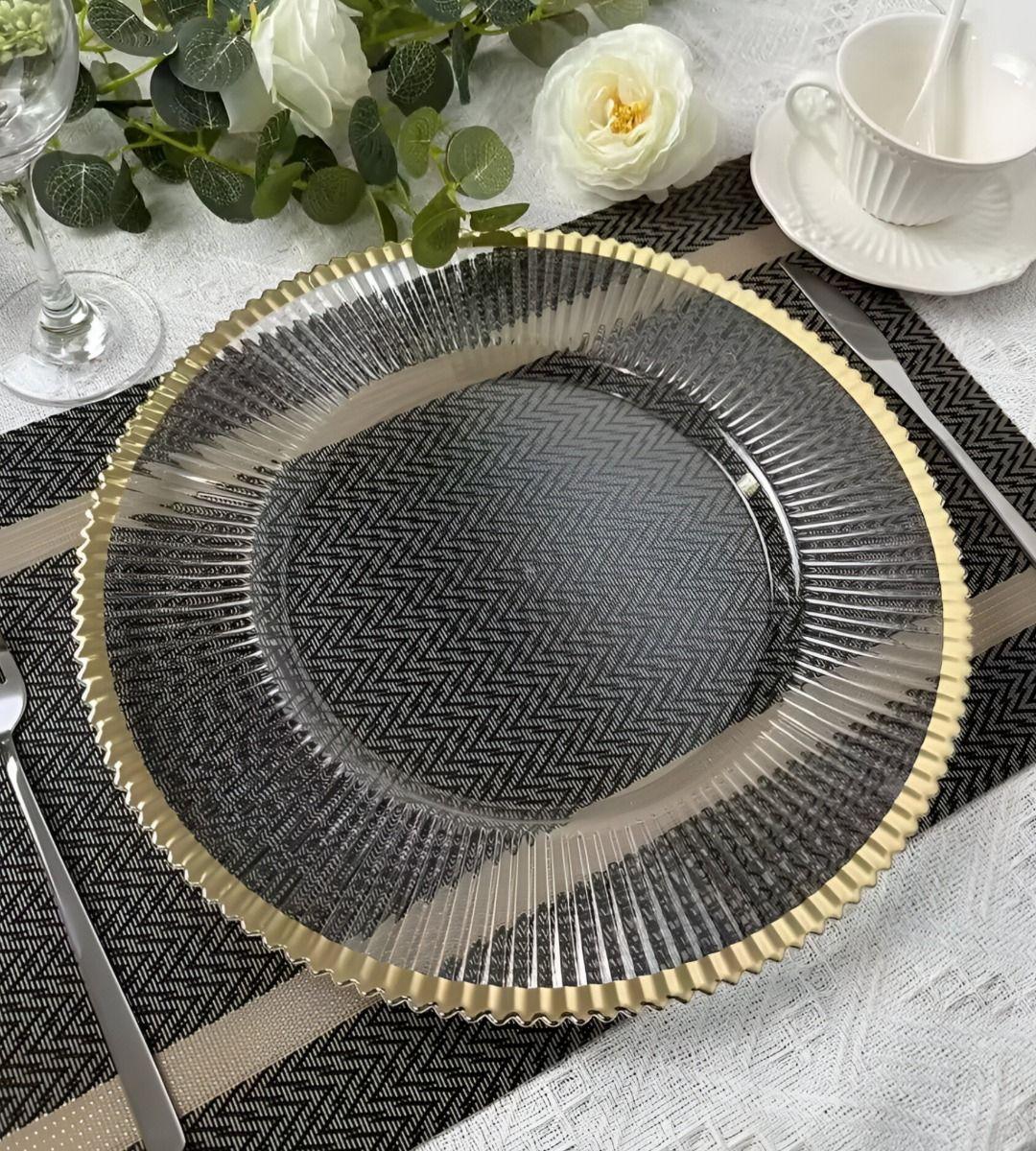 Set 3 Plato Transparente Borde Dorado Decoración Jhn-7