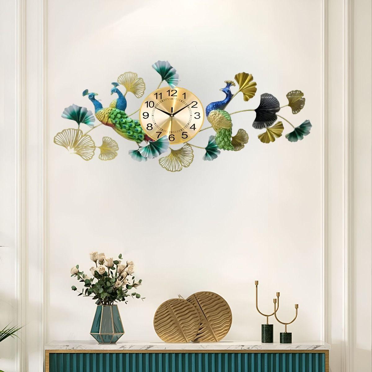 Reloj Pared Pavo Real Elegante Decorativo Metal Jhn-5