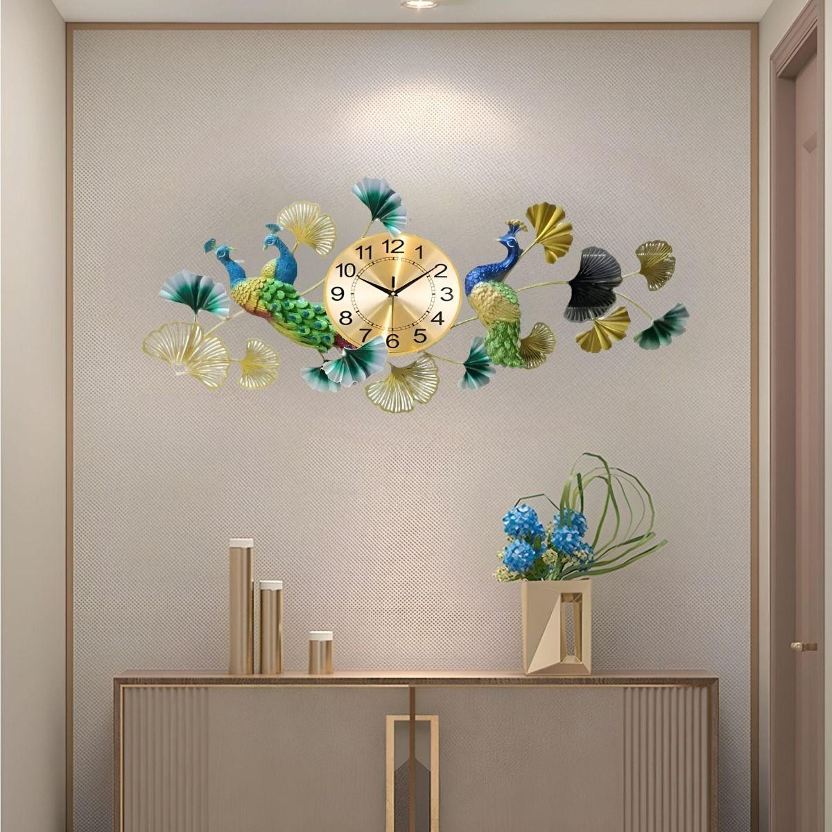 Reloj Pared Pavo Real Elegante Decorativo Metal Jhn-7