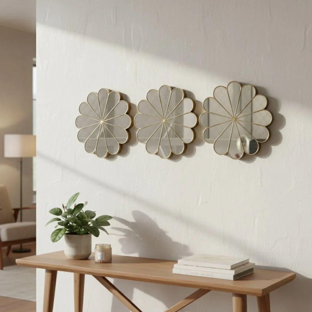 Set 3 Espejo Decorativo Pared Adorno Forma Flor Moderna Jhn-7