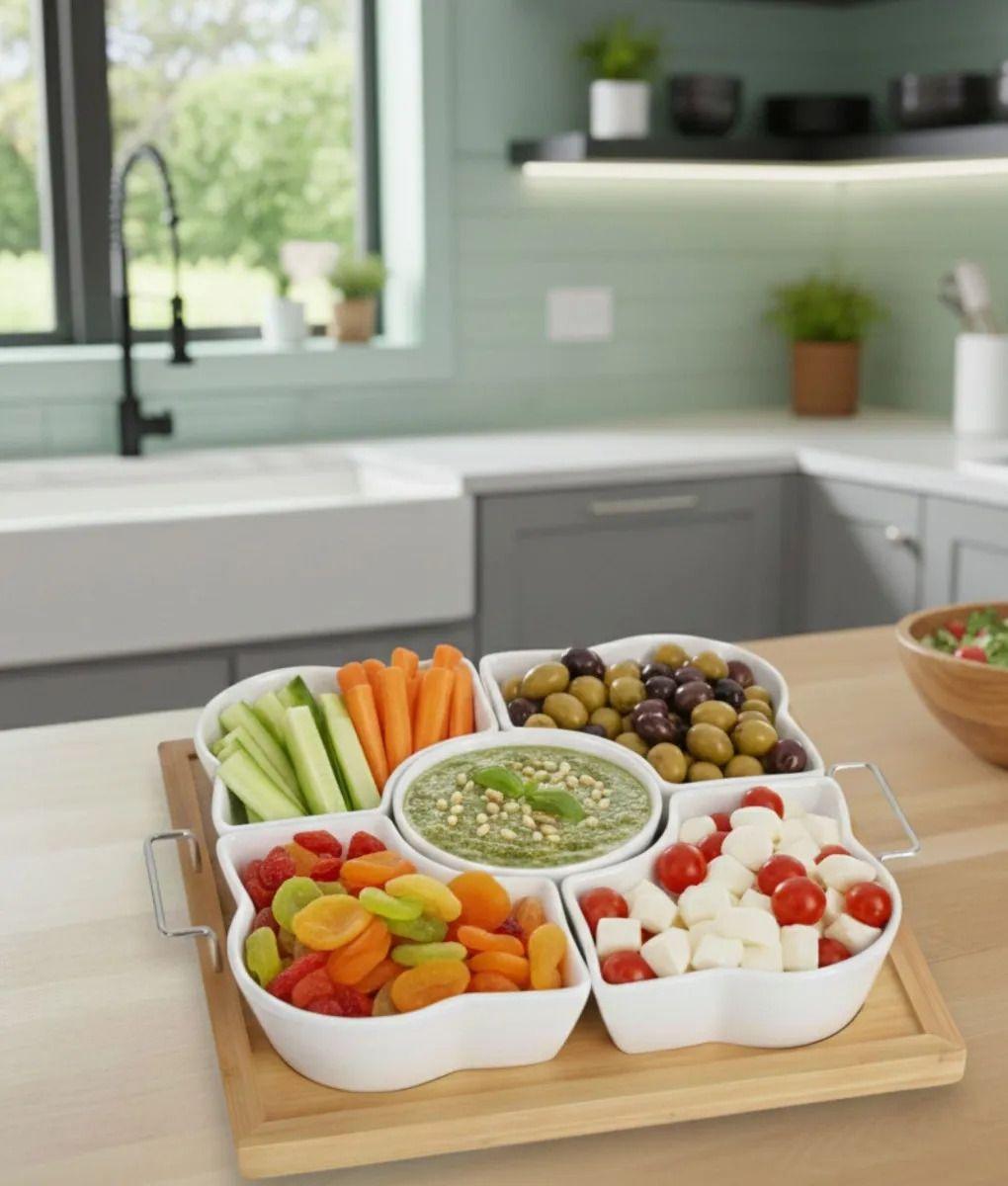 Juego Soporte Snacks Servir Salsas 5 Cuencos Base Bambú Jhn-6