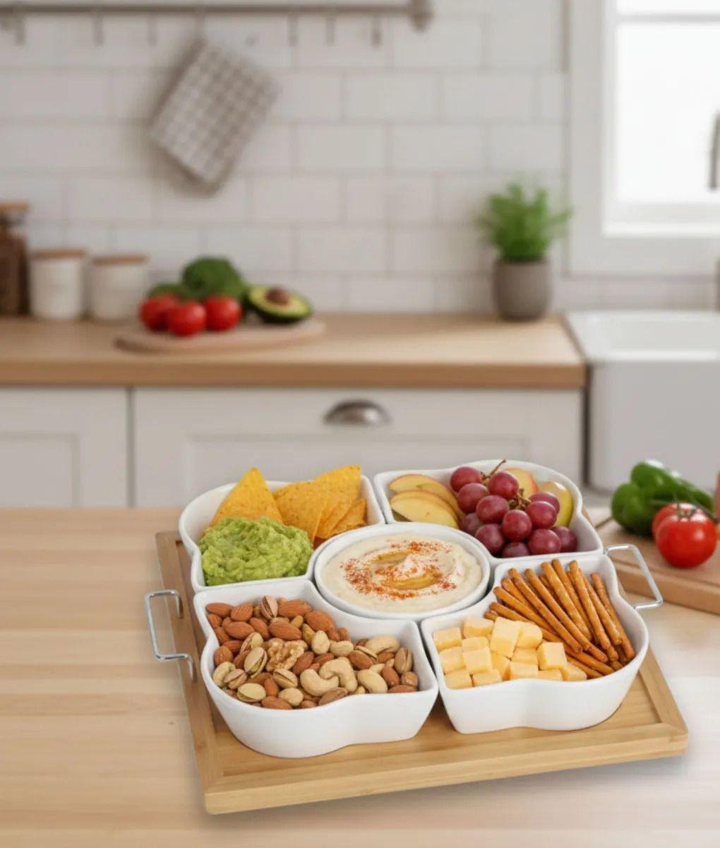 Juego Soporte Snacks Servir Salsas 5 Cuencos Base Bambú Jhn-7