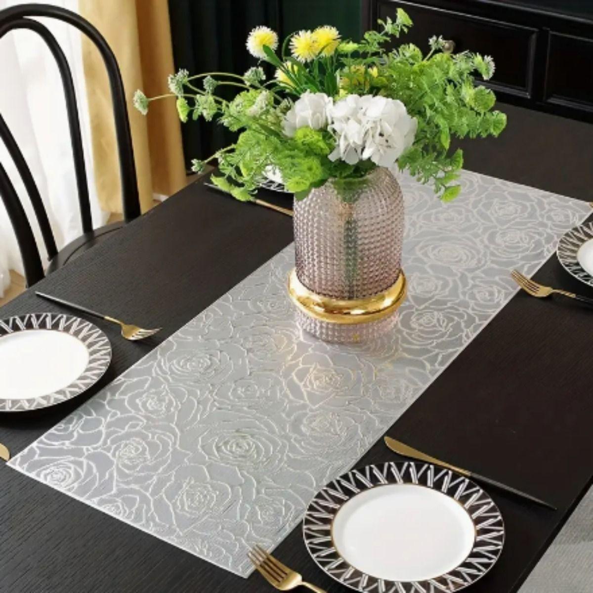 Set de 3 Mantel Decorativo Dorado Plata Floral Relieve Jhn-3