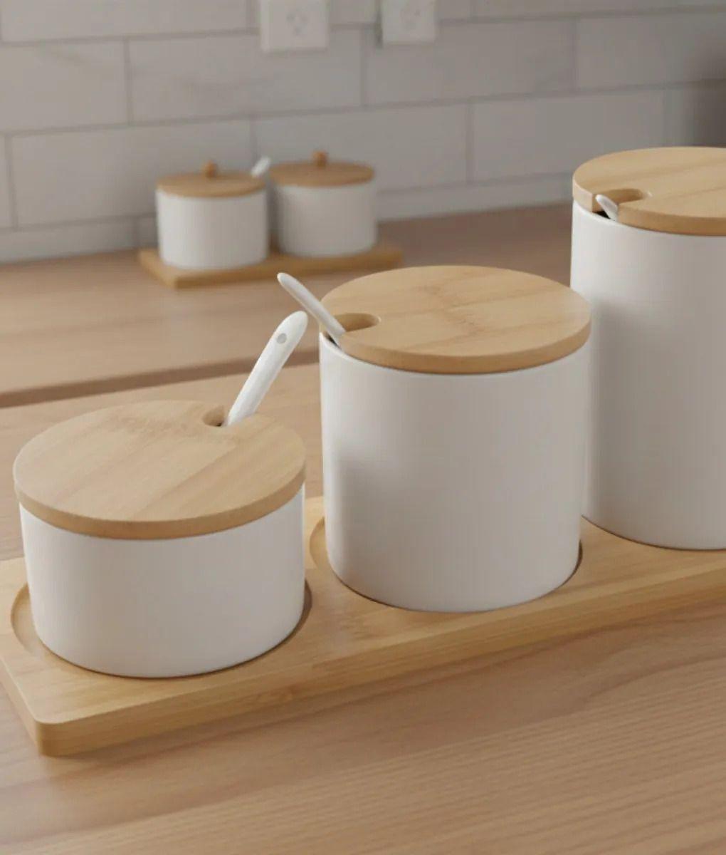 Set 3 Frascos Contenedores Base Bambú Estilo Minimalista Jhn-8