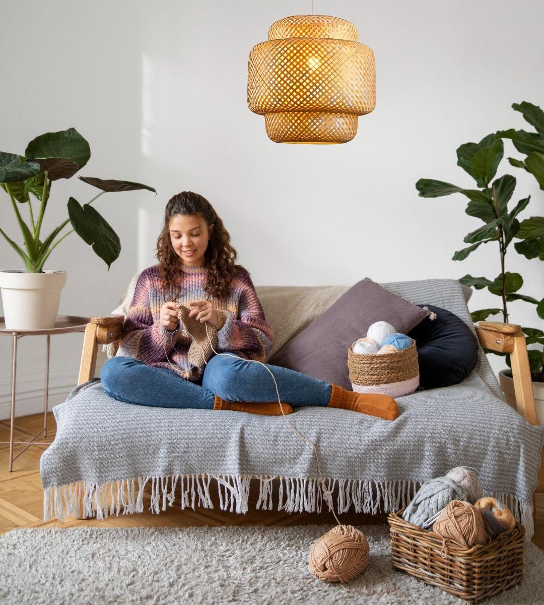 Lámpara Colgante Bambú Tejida Natural Techo Decoración Jhn-3