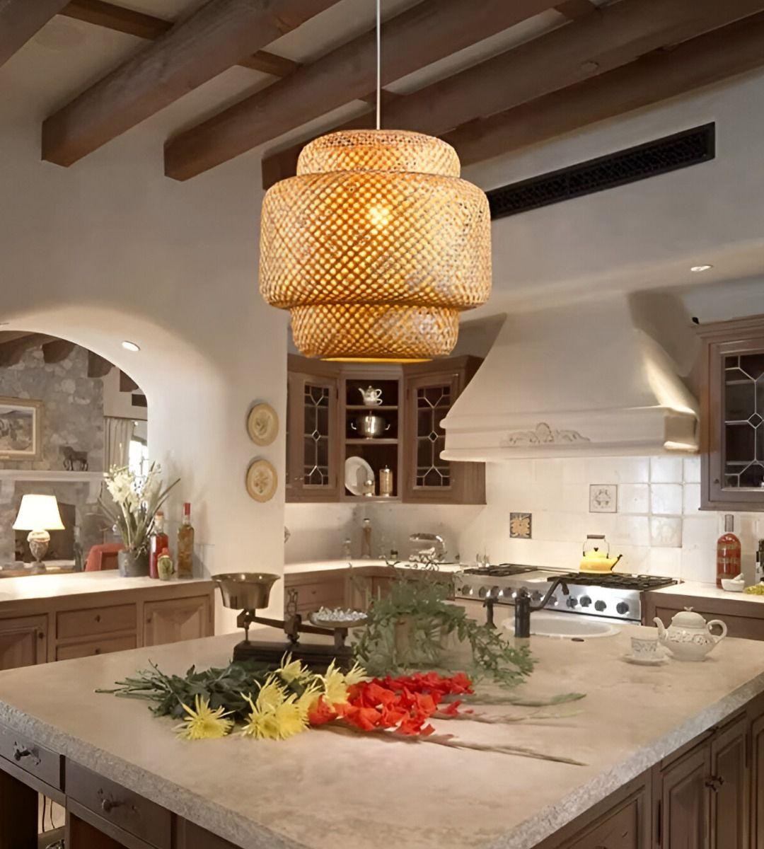 Lámpara Colgante Bambú Tejida Natural Techo Decoración Jhn-7